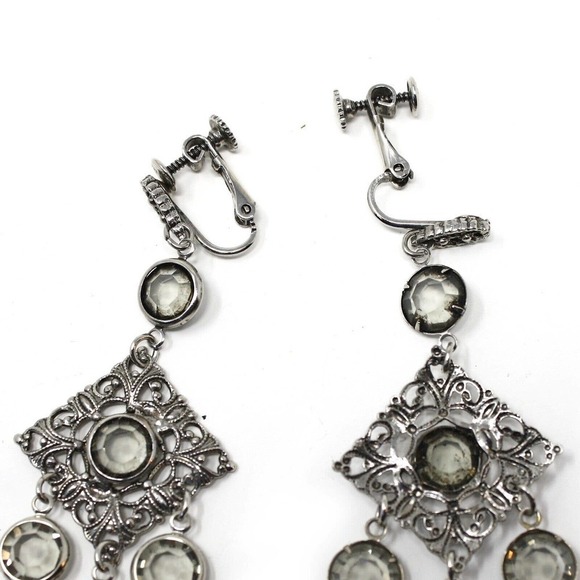 Vintage 1980s Silver Fancy Dangle Clip On Earrings New/Old Store Stock -Hey Viv - Picture 3 of 5